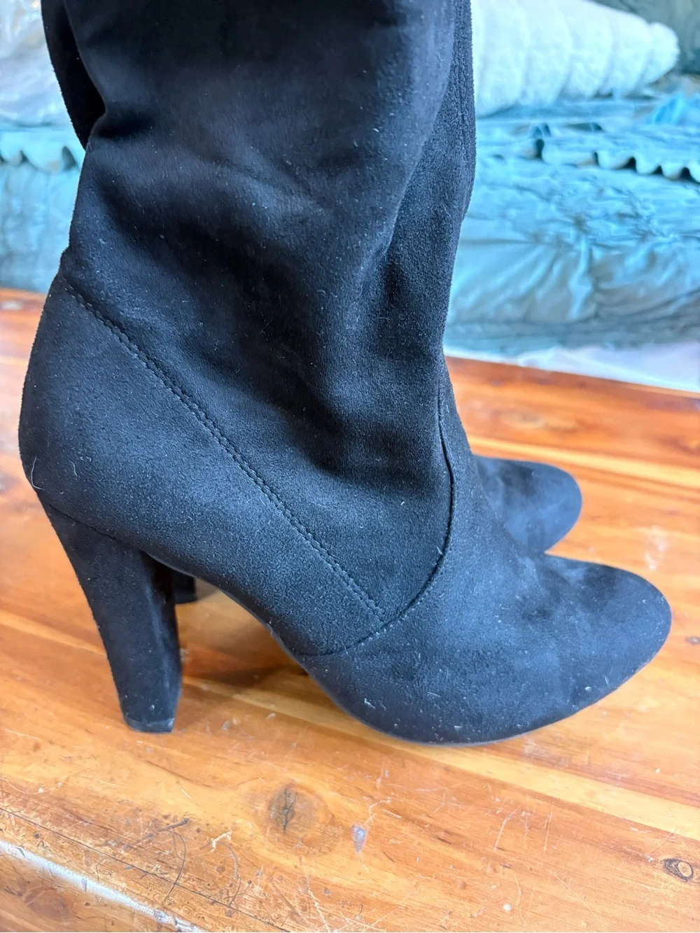 Black Over-the-Knee High Heel Suede-Look Boots